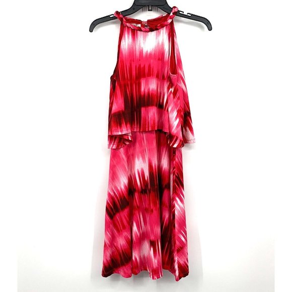 Maggy London Dress Pink Abstract Braided Halter Neck Sleeveless Tiered - Picture 1 of 10